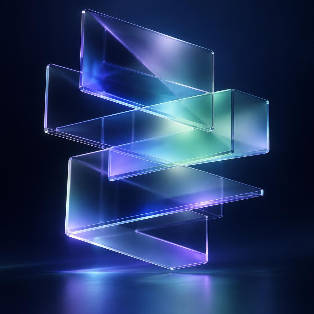 Stacked translucent glass panels representing modular digital systems